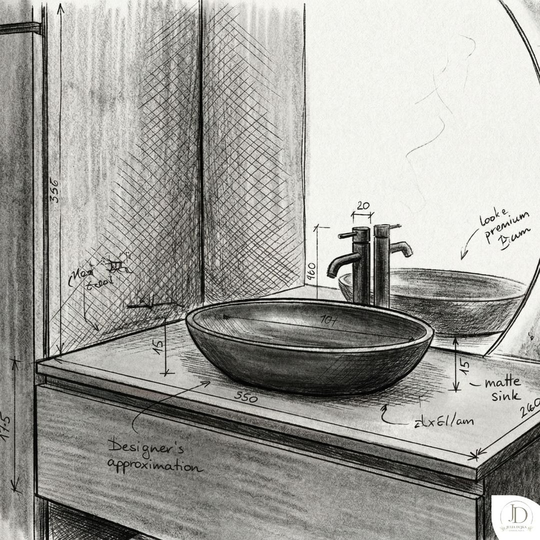 Szkic łazienki: umywalka nablatowa z baterią, lustro, wymiary. Rysunek techniczny z oznaczeniami, prezentujący koncepcję aranżacji wnętrza łazienki.