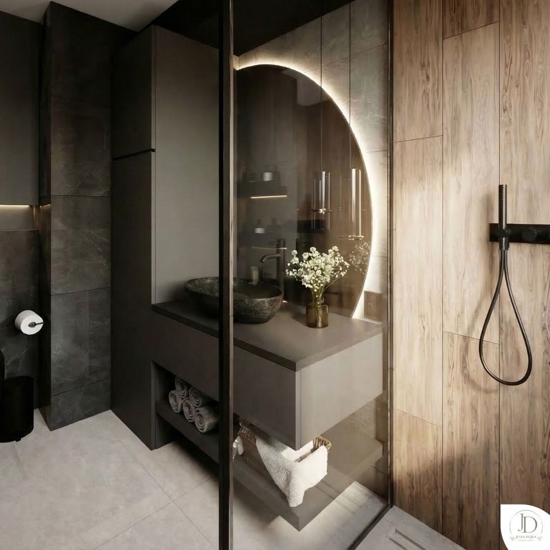 Nowoczesna łazienka z owalnym lustrem podświetlanym LED, kamienną umywalką i drewnianą ścianą prysznicową. Minimalistyczny design, stonowana kolorystyka.