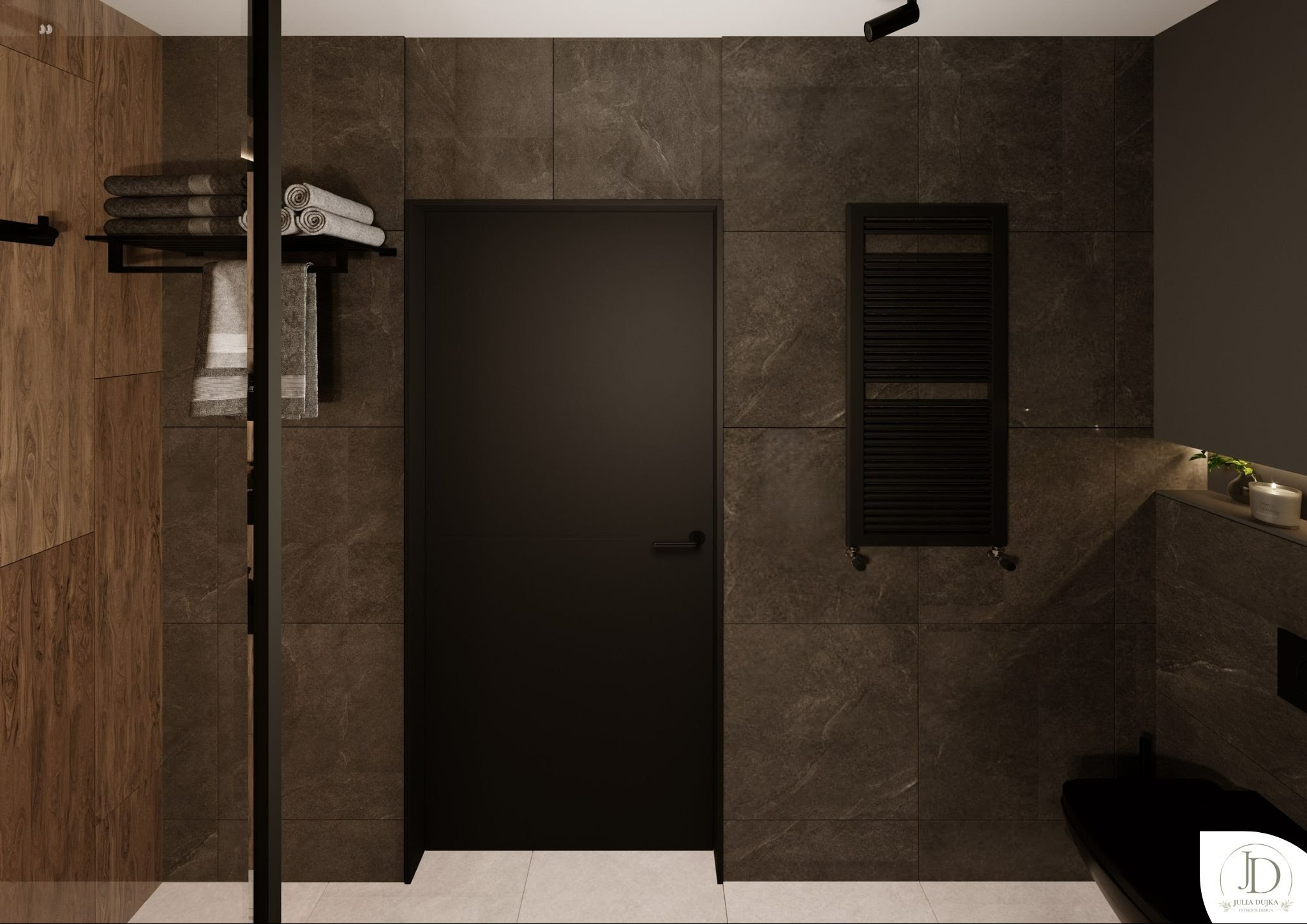Wizualizacja łazienki w ciemnej tonacji z drewnianymi akcentami. Widoczna czarna armatura, grzejnik drabinkowy i ręczniki. Minimalistyczny design z dbałością o detale.