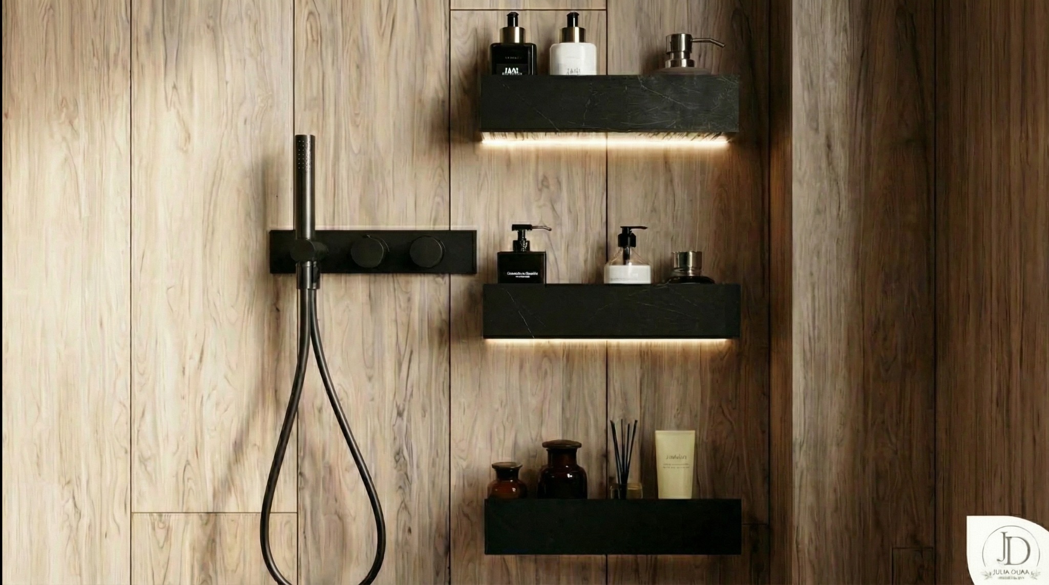 Nowoczesna łazienka z drewnianą okładziną, czarną armaturą i podświetlanymi półkami z kosmetykami. Minimalistyczny design z dbałością o detale i oświetlenie.