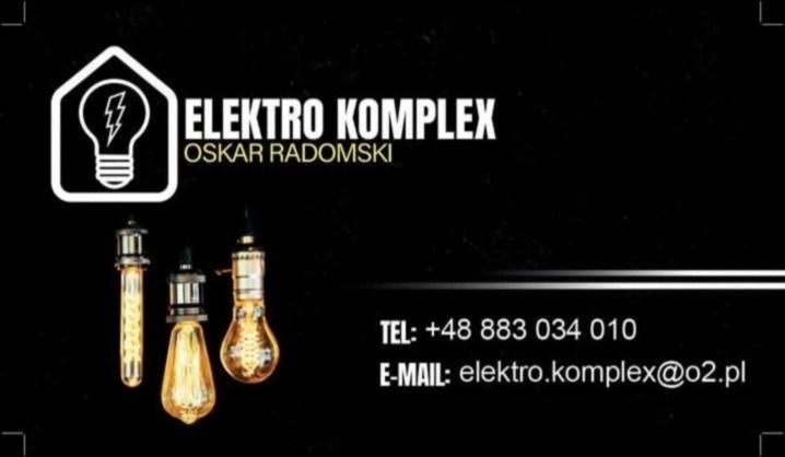 Wizytówka firmy Elektro Komplex Oskar Radomski z logo w kształcie domu z żarówką i trzema różnymi dekoracyjnymi żarówkami edisona na czarnym tle.