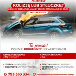 Reklama kancelarii odszkodowawczej: rozbity, płonący samochód po kolizji, zachęta do przesłania dokumentów szkody OC/AC do weryfikacji.