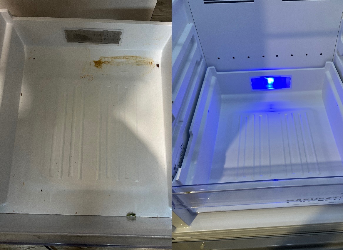 Porównanie stanu szuflady chłodziarki przed i po czyszczeniu: po lewej zabrudzona, z plamami i resztkami, po prawej czysta, oświetlona niebieskim światłem.