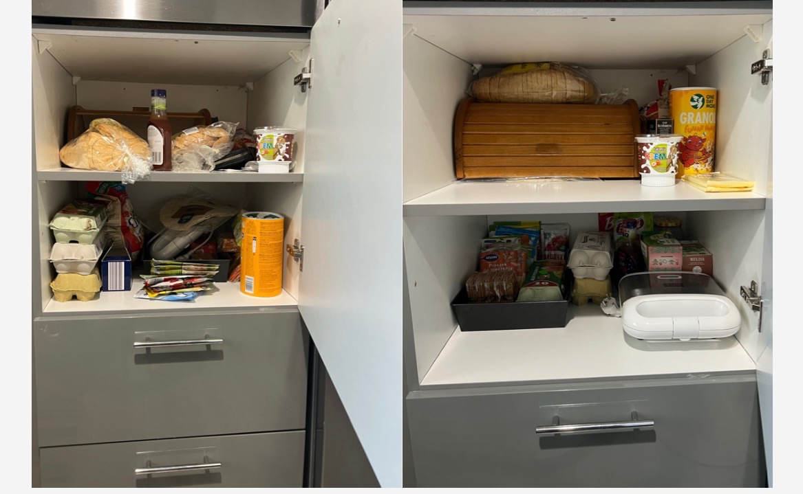 Porównanie zawartości szafki kuchennej przed i po uporządkowaniu: po lewej stronie nieporządek z produktami spożywczymi, po prawej stronie produkty poukładane w pojemnikach i pudełkach.