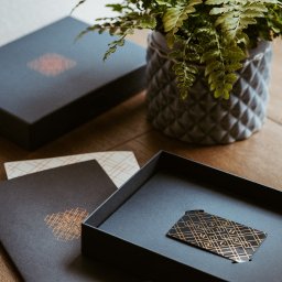 Percepcje Studio Paweł Aleksander Figiel - Zestaw materiałów firmowych: pudełka, notesy i karta z geometrycznym wzorem w kolorach czerni i złota, uzupełniony rośliną doniczkową na drewnianym stole.