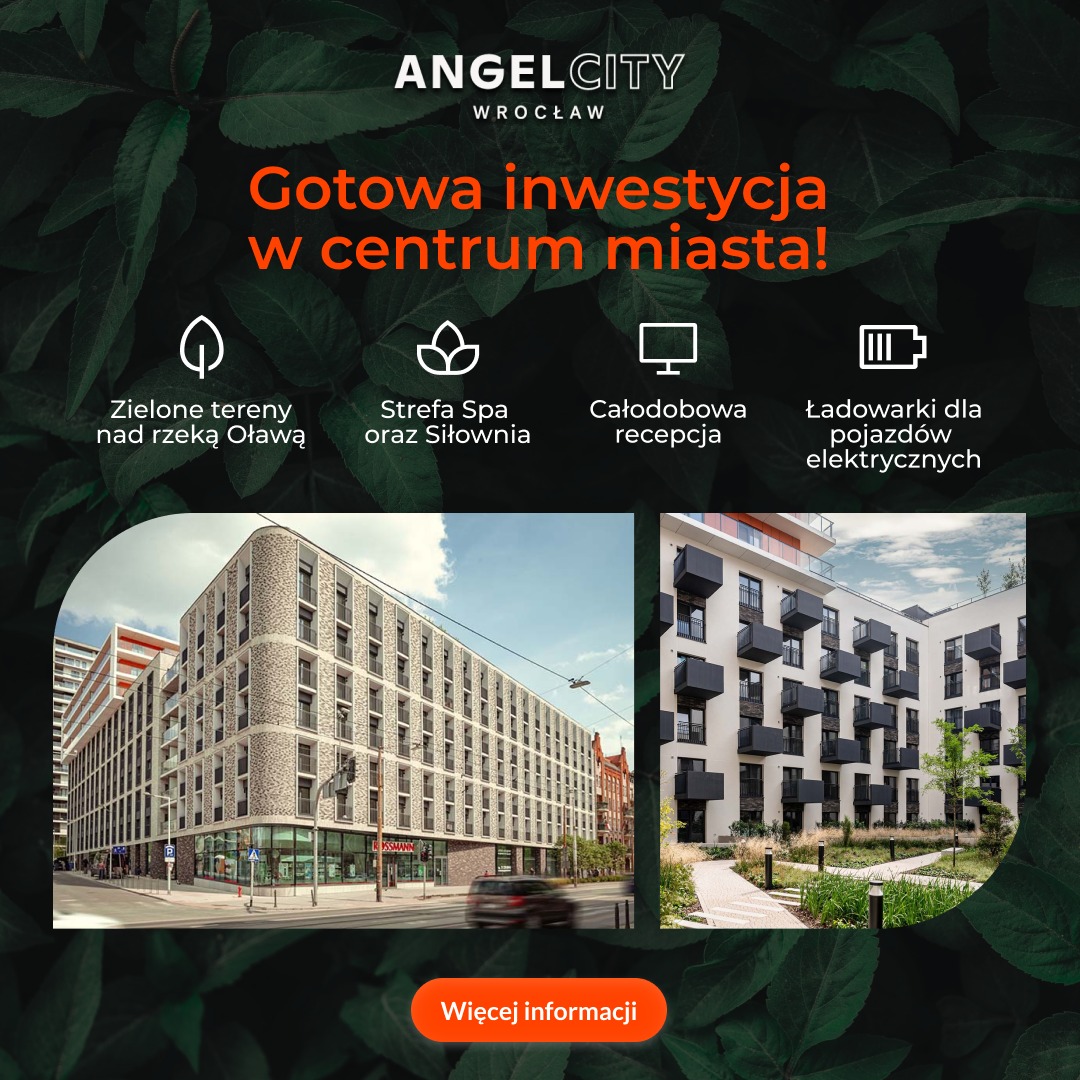 Wizualizacja budynku mieszkalnego Angel City we Wrocławiu z zielonymi terenami, strefą spa, całodobową recepcją i ładowarkami dla pojazdów elektrycznych.