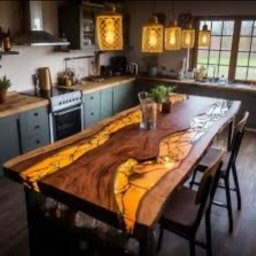 ModernTable - Stół kuchenny z blatem z żywicy epoksydowej i drewna o nieregularnych krawędziach, podświetlony od spodu, otoczony krzesłami, z widoczną kuchnią w tle.