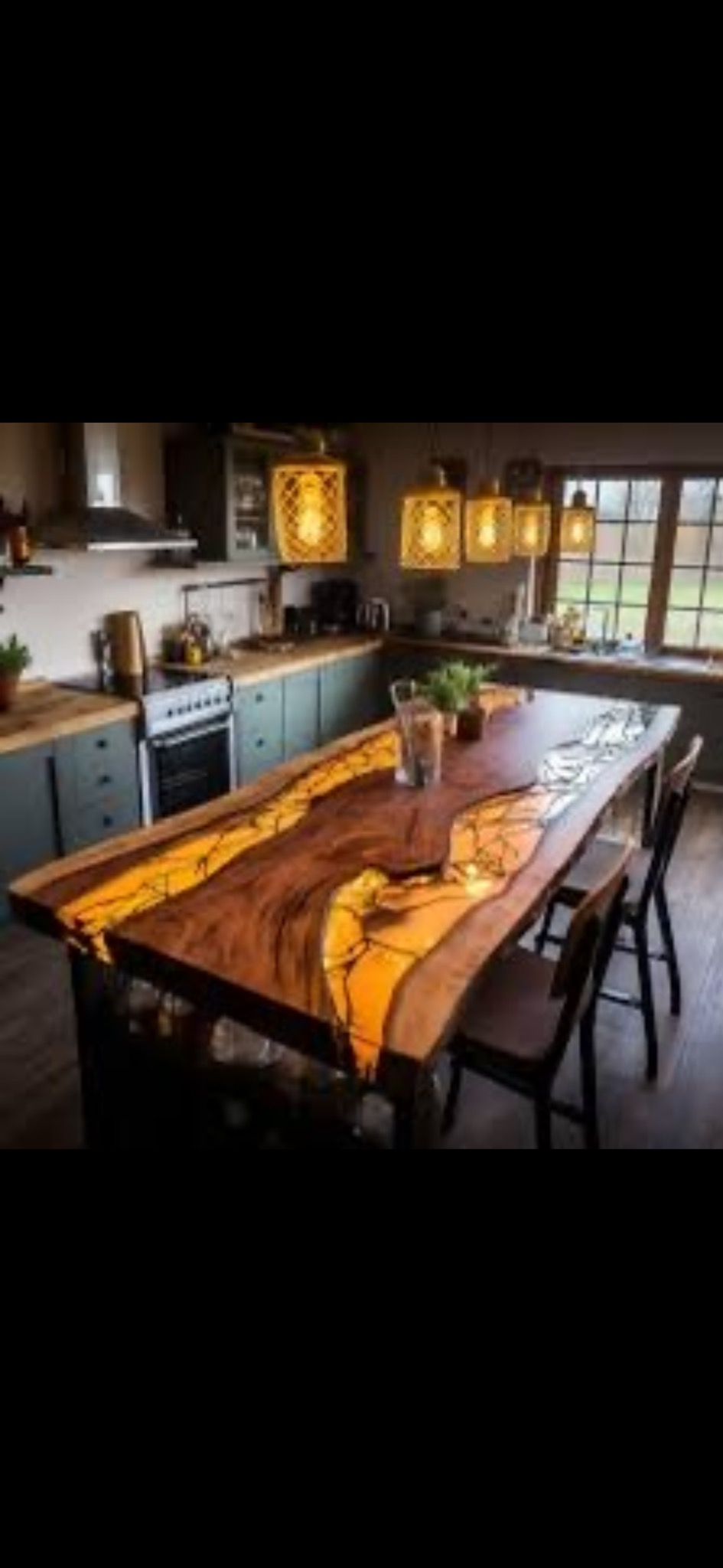 Stół kuchenny z blatem z żywicy epoksydowej i drewna o nieregularnych krawędziach, podświetlony od spodu, otoczony krzesłami, z widoczną kuchnią w tle.