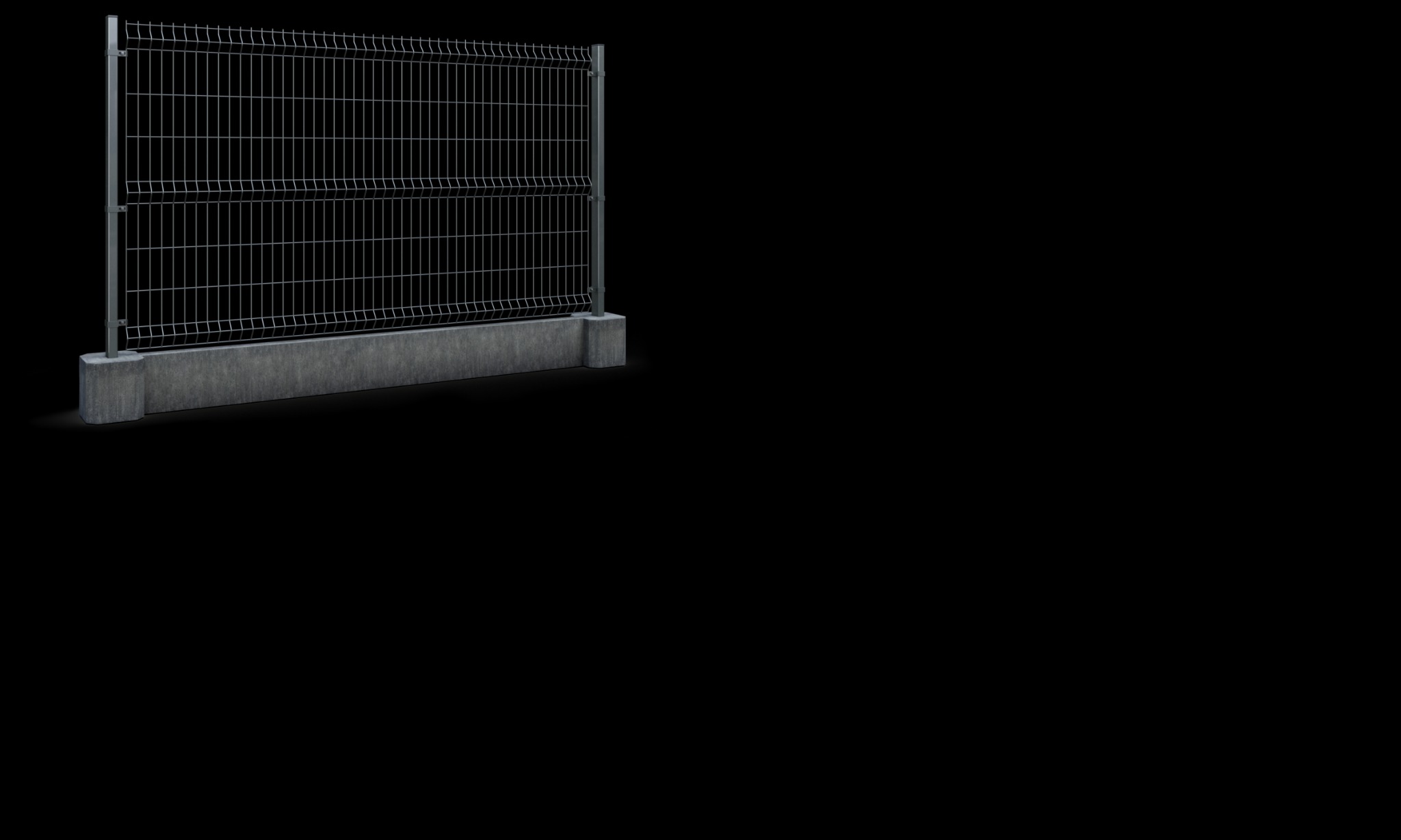 Fragment ogrodzenia panelowego z metalowej siatki zgrzewanej, osadzonego na betonowej podmurówce, na czarnym tle.