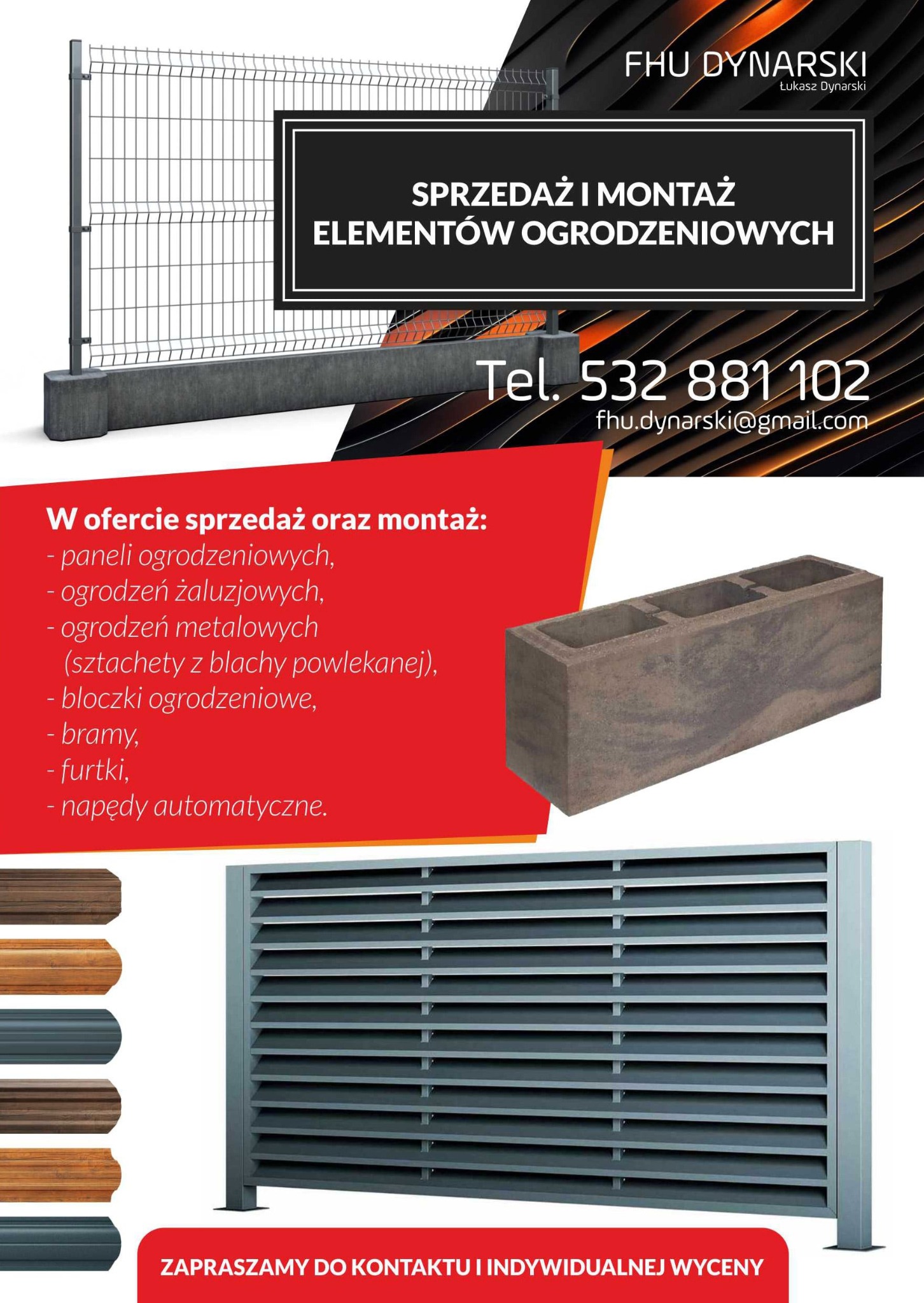 Grafika reklamowa firmy FHU Dynarski oferującej sprzedaż i montaż elementów ogrodzeniowych: siatka ogrodzeniowa, bloczki ogrodzeniowe, panele żaluzjowe i metalowe, bramy, furtki oraz napędy...