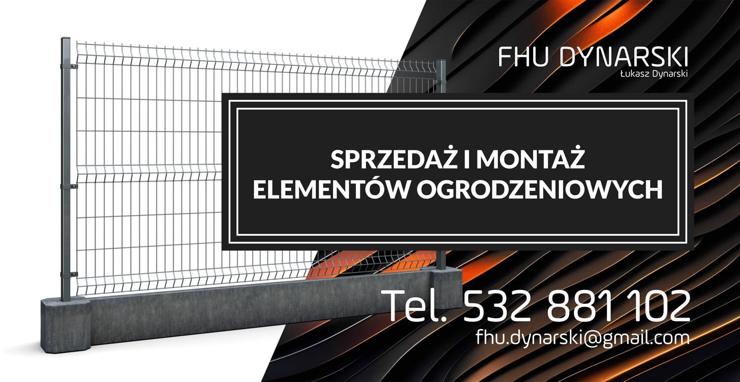 Grafika reklamowa firmy FHU Dynarski oferującej sprzedaż i montaż elementów ogrodzeniowych, prezentująca fragment przęsła ogrodzenia panelowego na betonowej podmurówce.