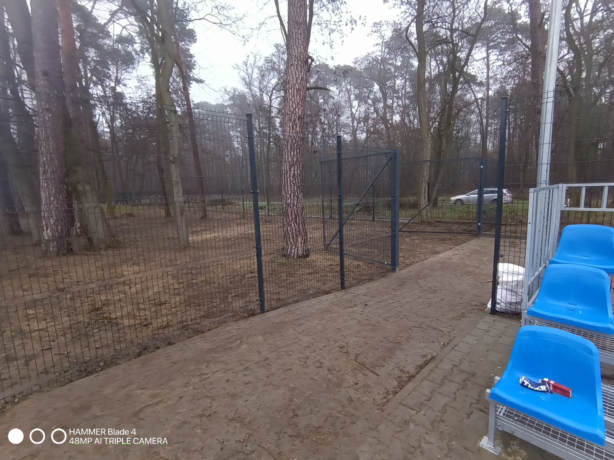 Nowe ogrodzenie panelowe z bramą w lesie, widok zza trybun z niebieskimi krzesełkami. Szara kolorystyka, pochmurny dzień. Widoczny fragment chodnika z kostki.