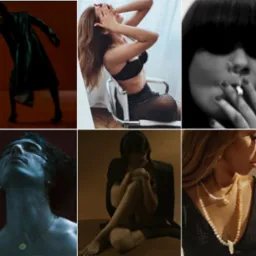 Kompozycja sześciu kadrów: model w płaszczu na czerwonym tle, kobieta w bieliźnie na krześle, portret palącej kobiety w czerni i bieli, mokry mężczyzna z naszyjnikiem, kobieta w żakiecie obejmująca...