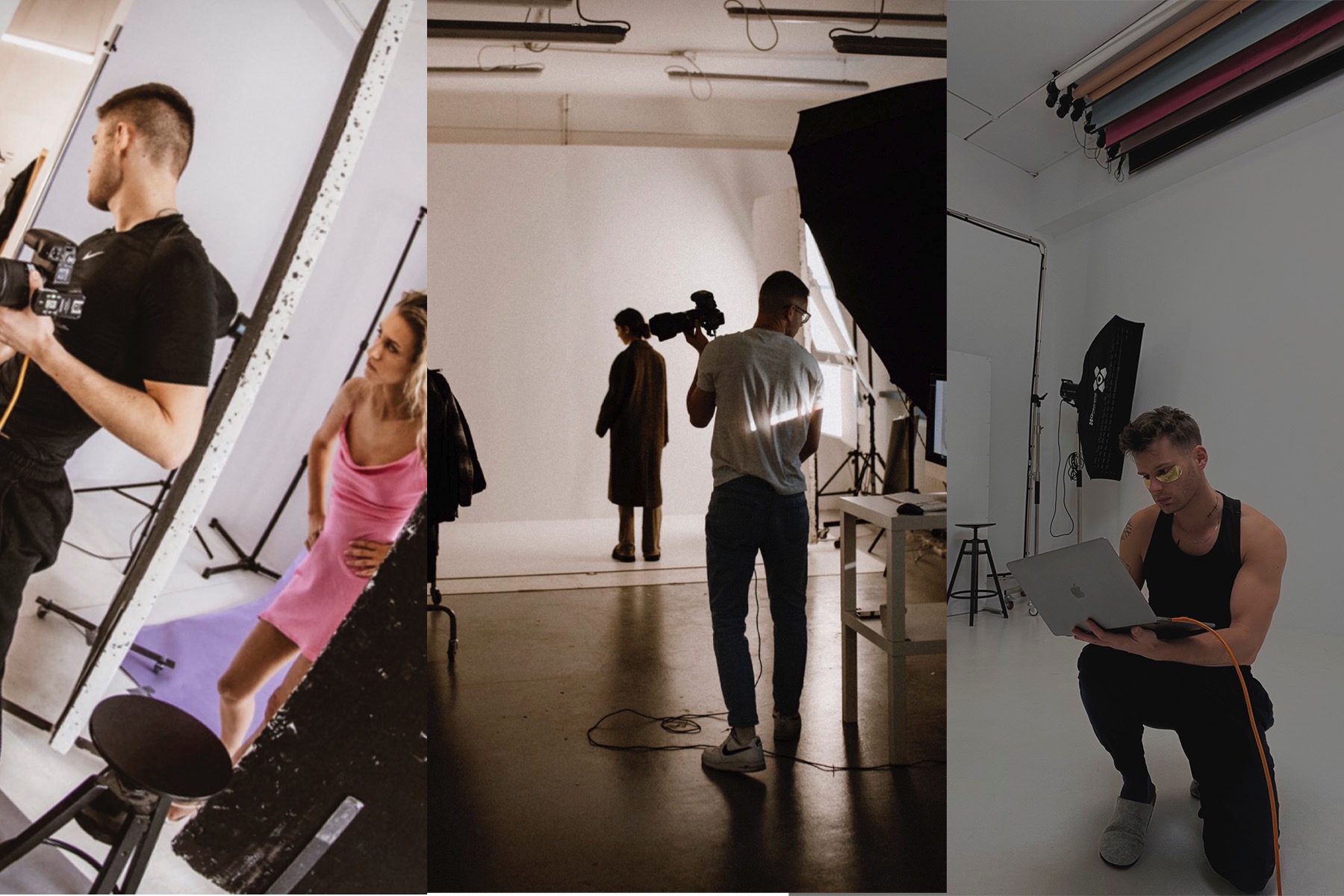 Kolaż z trzech ujęć ze studia fotograficznego: fotograf z aparatem podczas sesji modelki w różowej sukience, fotograf z kamerą filmujący osobę w płaszczu, oraz mężczyzna z laptopem sprawdzający...