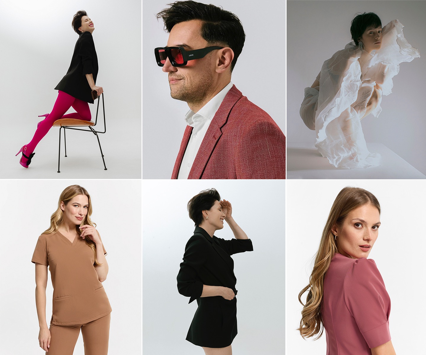 Kolaż sześciu portretów studyjnych: kobieta w różowych rajstopach i czarnej marynarce oparta o krzesło, mężczyzna w czerwonej marynarce i okularach przeciwsłonecznych, kobieta w białej, zwiewnej...