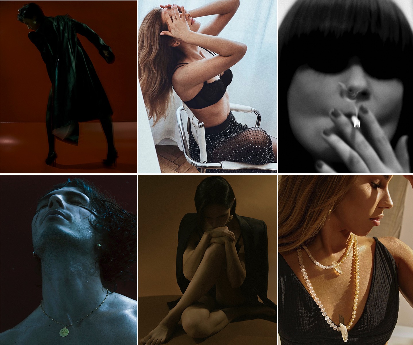 Kompozycja sześciu kadrów: model w płaszczu na czerwonym tle, kobieta w bieliźnie na krześle, portret palącej kobiety w czerni i bieli, mokry mężczyzna z naszyjnikiem, kobieta w żakiecie obejmująca...