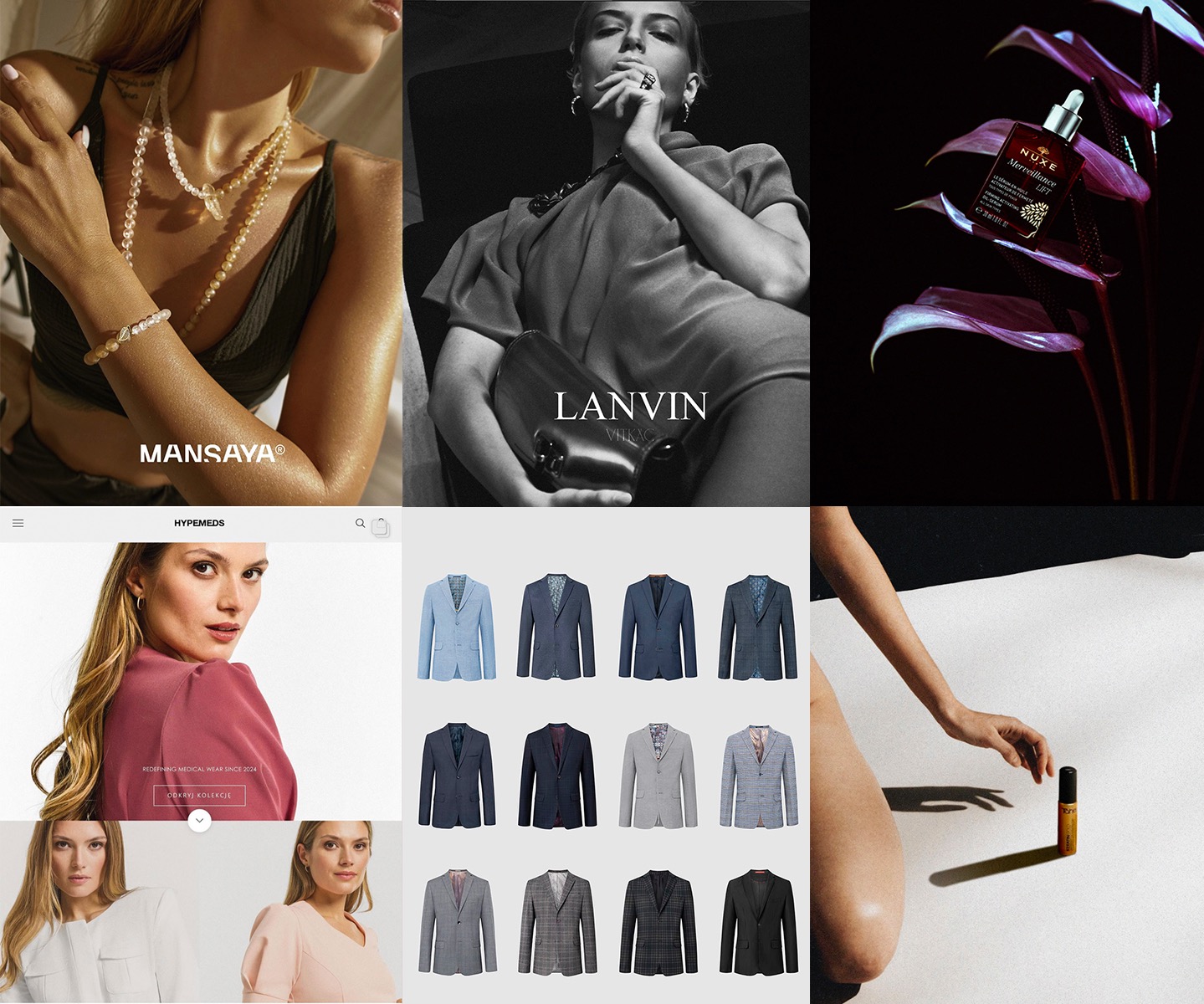 Kompozycja kolażu zdjęć: biżuteria perłowa, modelka w czerni, flakon perfum na tle kwiatów, strona internetowa z odzieżą medyczną i kolekcja marynarek.