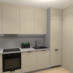 COMFORT ZONE - Wizualizacja beżowej kuchni z zabudową szafek wiszących i stojących, czarnym zlewem i płytą indukcyjną, oraz trzema doniczkami z ziołami na blacie.