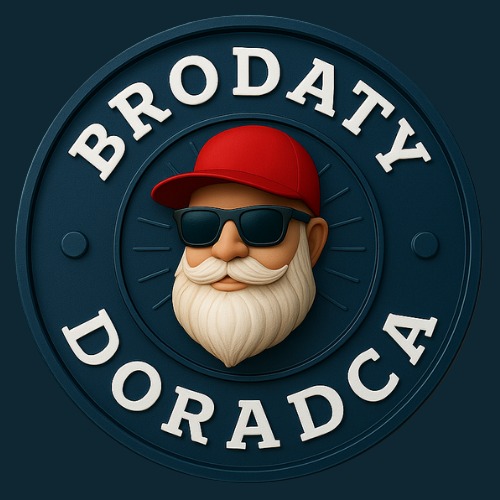 Logo 'Brodaty Doradca': stylizowana postać brodatego mężczyzny w czapce i okularach, otoczona napisem na ciemnoniebieskim tle, przypominająca pieczęć.