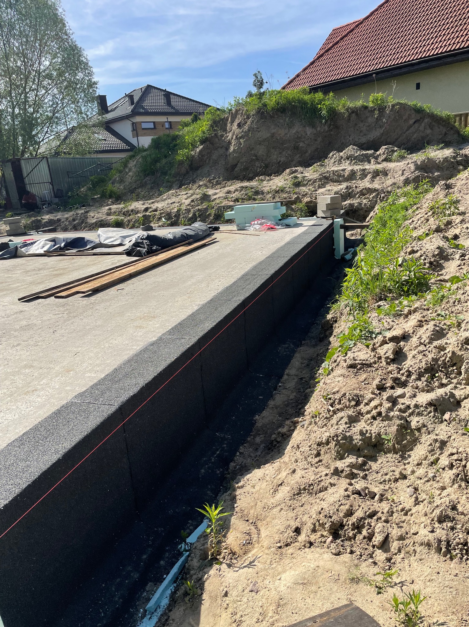 Wylany fundament z izolacją pionową, widoczne sznurki wyznaczające linię, teren wokół częściowo wyrównany, w tle domy jednorodzinne i błękitne niebo.