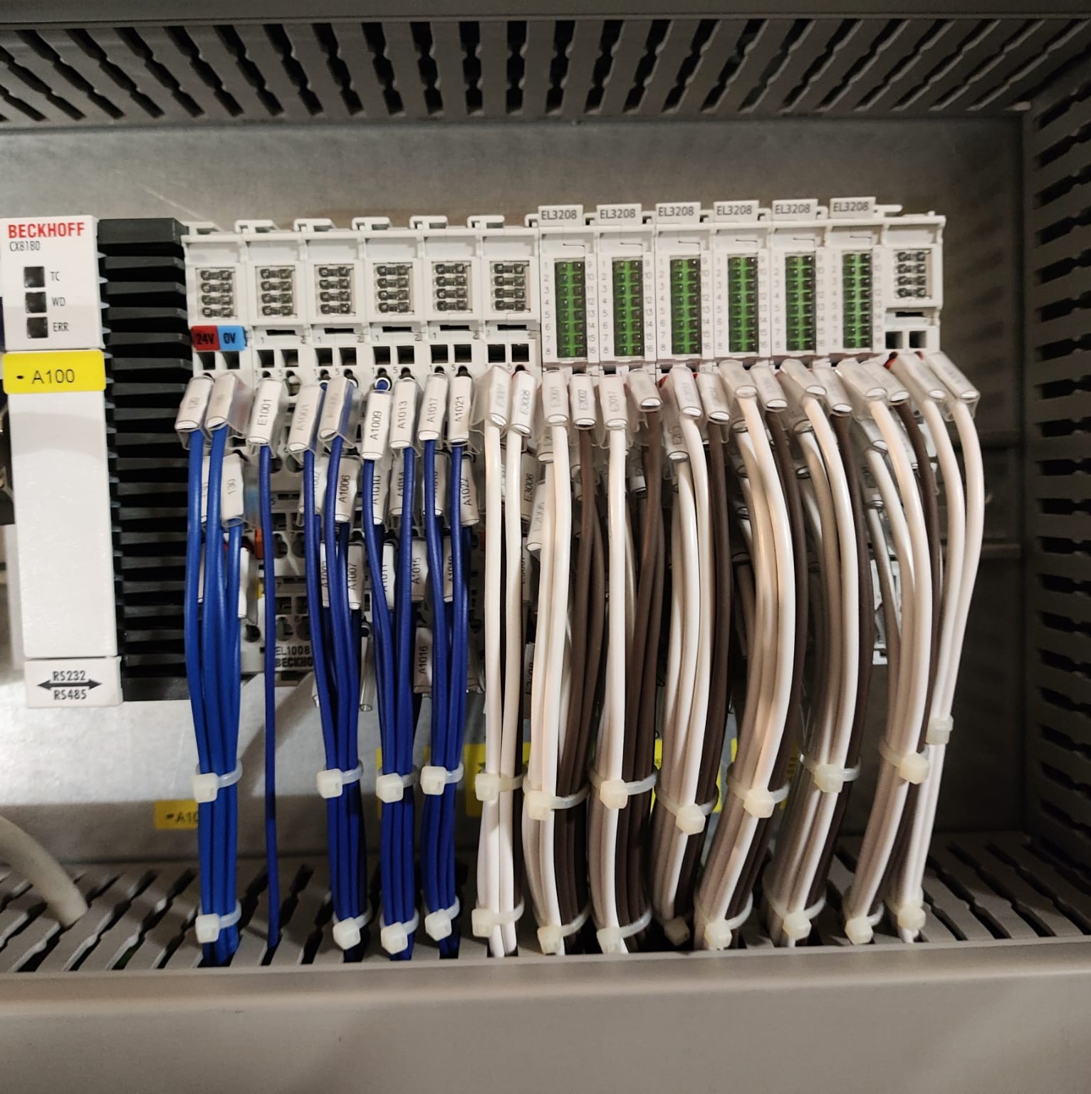 Panel sterowania Beckhoff CX8180 z modułami EL3208, uporządkowane kable w kolorach niebieskim, białym i brązowym, zabezpieczone opaskami zaciskowymi, etykiety identyfikacyjne na każdym kablu.