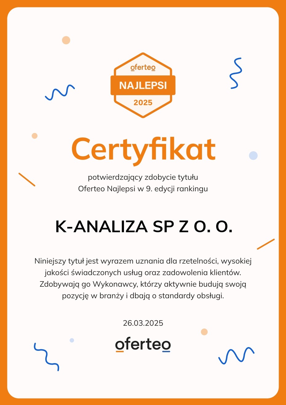 Certyfikat Oferteo Najlepsi 2025 dla K-ANALIZA SP Z O.O. za wysoką jakość świadczonych usług i zadowolenie klientów, z datą 26.03.2025.