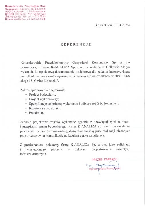 Skan dokumentu referencyjnego dla firmy K-ANALIZA Sp. z o.o. za projekt budowy sieci wodociągowej w Przanowicach, Gmina Koluszki. Sygnatura i dane firmy.