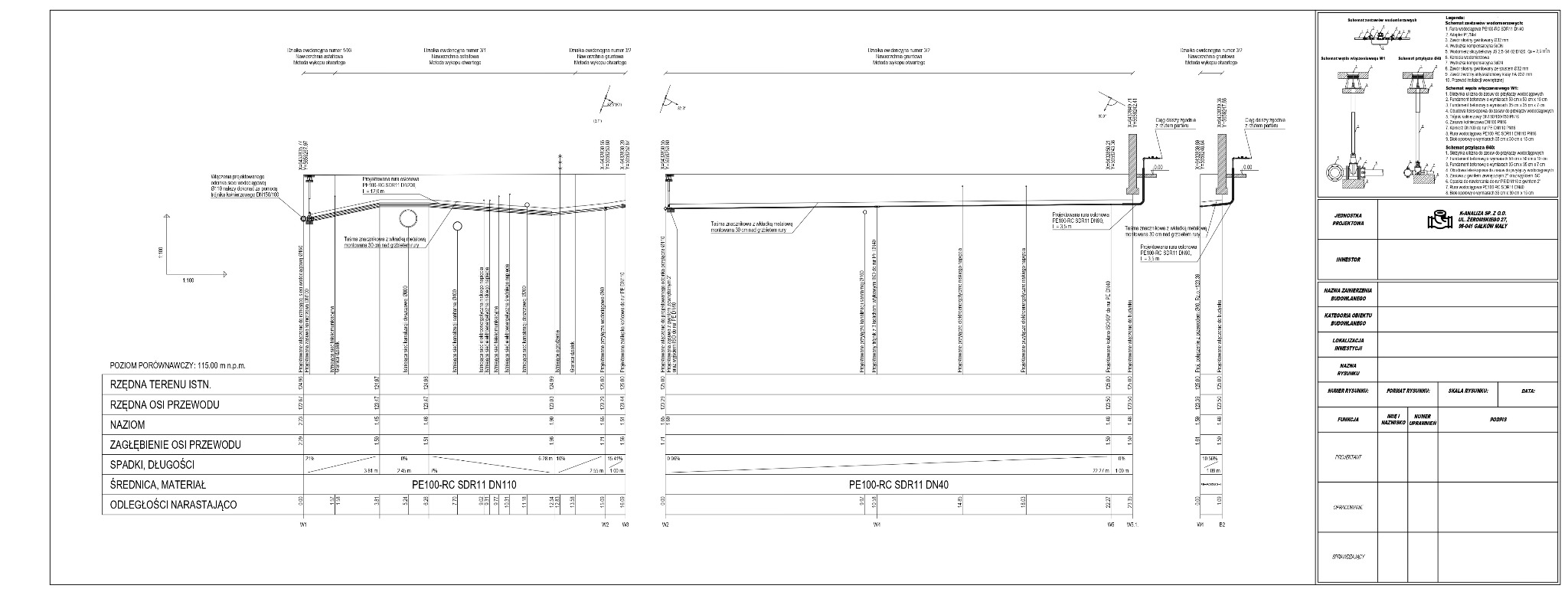Rzut instalacji wodociągowej z profilami rur PE100-RC SDR11 DN110 i DN40, z zaznaczonymi spadkami, głębokościami i odległościami narastającymi.