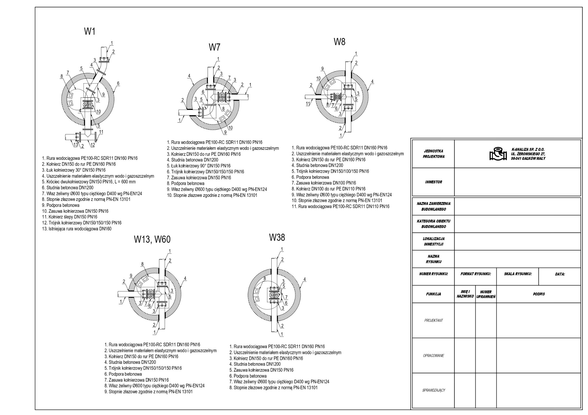 Rzut studni wodociągowej z detalami, rysunek techniczny z opisami elementów: rury PE100-RC, kołnierze, uszczelnienia, studnia betonowa DN1200, właz żeliwny i podpory betonowe.