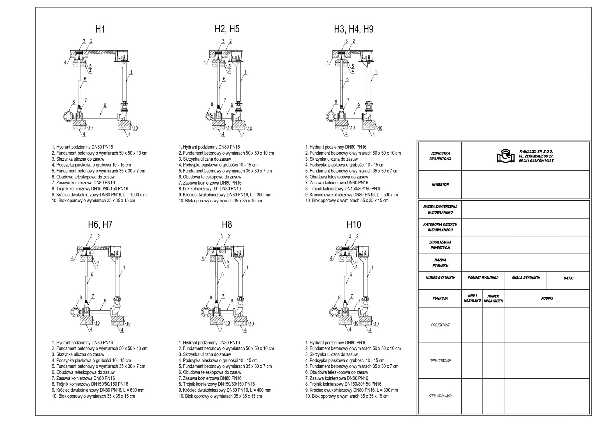 Techniczny rysunek instalacji hydrantu podziemnego DN80 PN16 z detalami fundamentów, skrzynki ulicznej, zasuw i obudowy teleskopowej. Schemat zawiera wymiary i oznaczenia elementów.