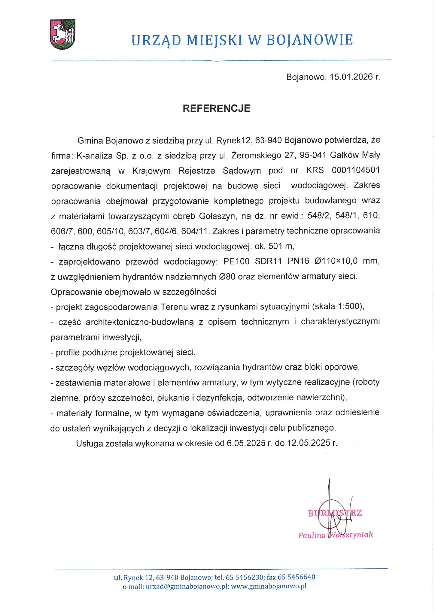 Dokument referencyjny od Gminy Bojanowo dla K-analiza Sp. z o.o. potwierdzający opracowanie dokumentacji projektowej sieci wodociągowej. Sygnatura burmistrza.