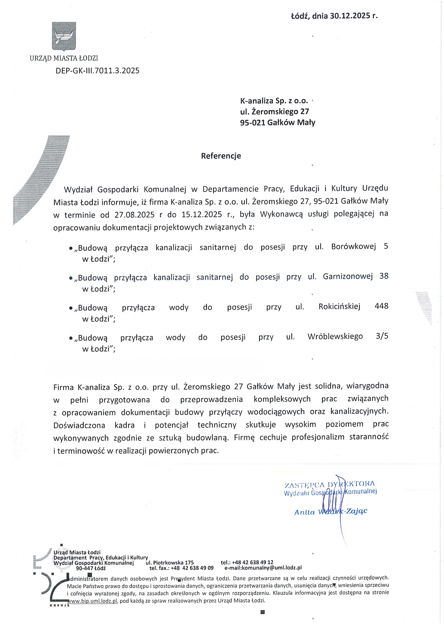 Referencje od Urzędu Miasta Łodzi dla K-analiza Sp. z o.o. za budowę przyłączy kanalizacji i wody. Dokument potwierdza solidność i profesjonalizm firmy.
