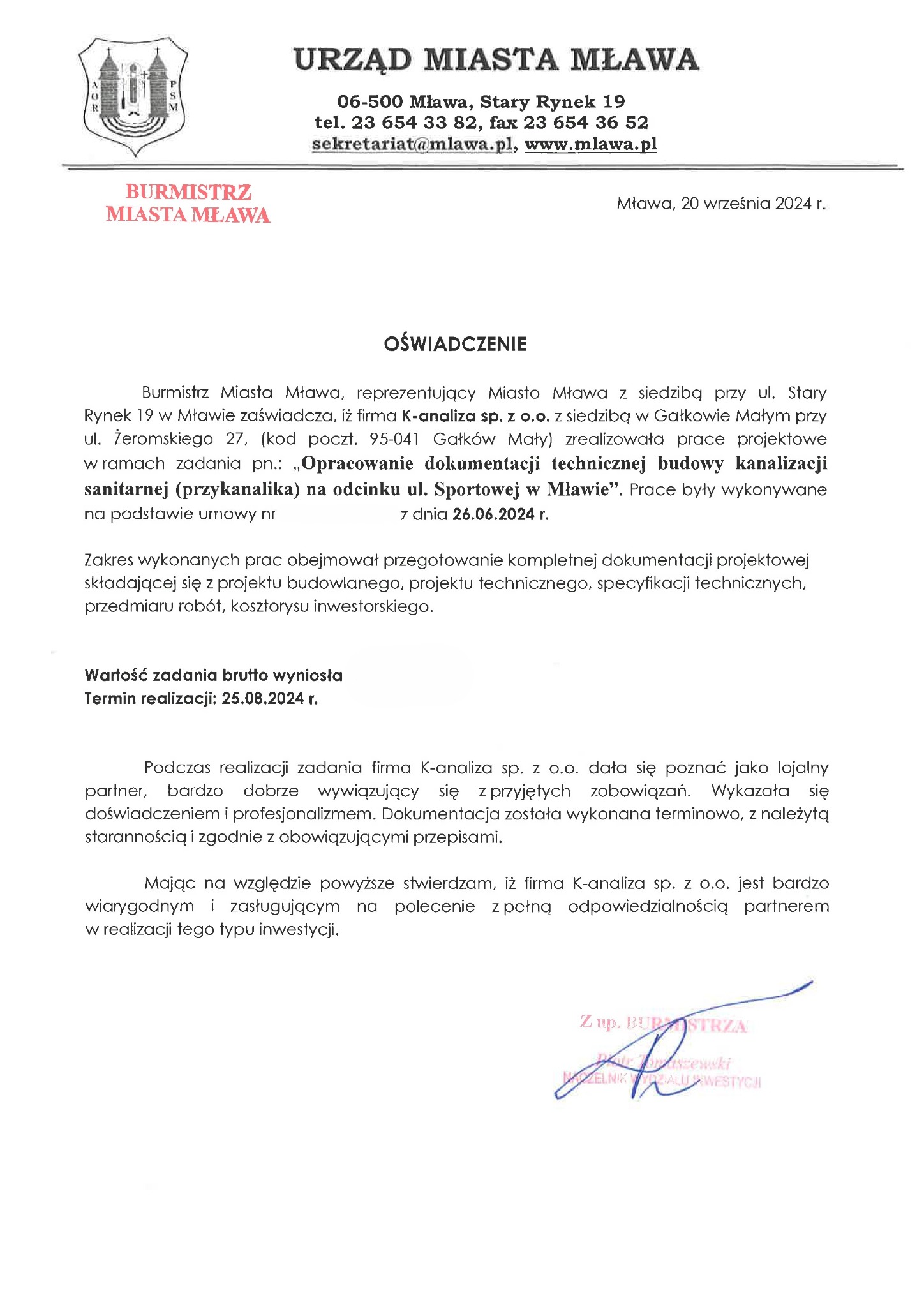Oświadczenie Burmistrza Miasta Mława o realizacji prac projektowych kanalizacji sanitarnej przez firmę K-analiza sp. z o.o. Dokument z datą 20 września 2024.