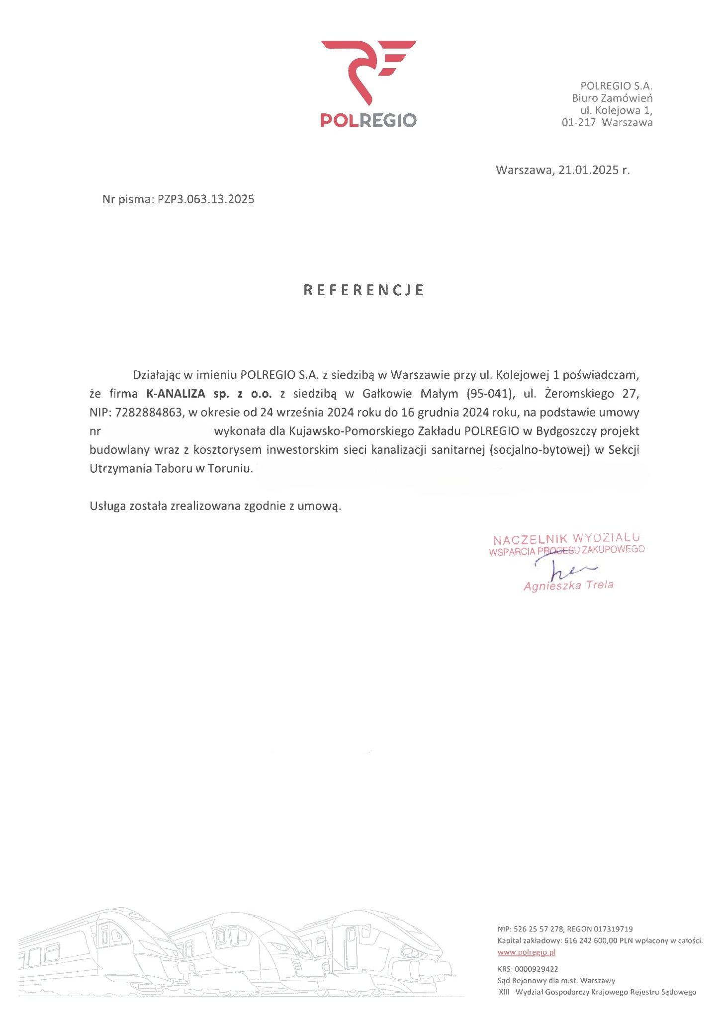 Referencje od Polregio dla K-Analiza za projekt budowlany sieci kanalizacji sanitarnej (socjalno-bytowej) w Toruniu. Dokument z podpisem i pieczątką.