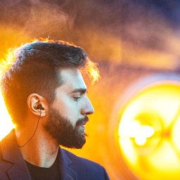 FQ Fotografia - Mężczyzna z brodą w profilu, w słuchawkach, oświetlony pomarańczowym światłem z efektem dymu.
