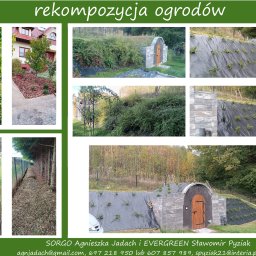 SORGO - Kompozycja zdjęć przedstawiająca etapy rekultywacji ogrodu: przygotowanie terenu z użyciem agrowłókniny, nasadzenia roślin, nowa aranżacja rabat z korą i kamienną ścieżką, oraz widok na odnowioną...