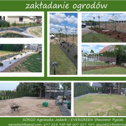 SORGO - Kompozycja zdjęć z różnych etapów tworzenia ogrodu: przygotowanie terenu, sadzenie roślin, układanie trawnika z rolki, tworzenie rabat z białym kamieniem i obrzeżami.