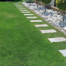 Ogród z trawnikiem, ścieżką z płyt i ozdobnymi krzewami w formie kul, obok białego kamienia. Estetyczny i zadbany wygląd.