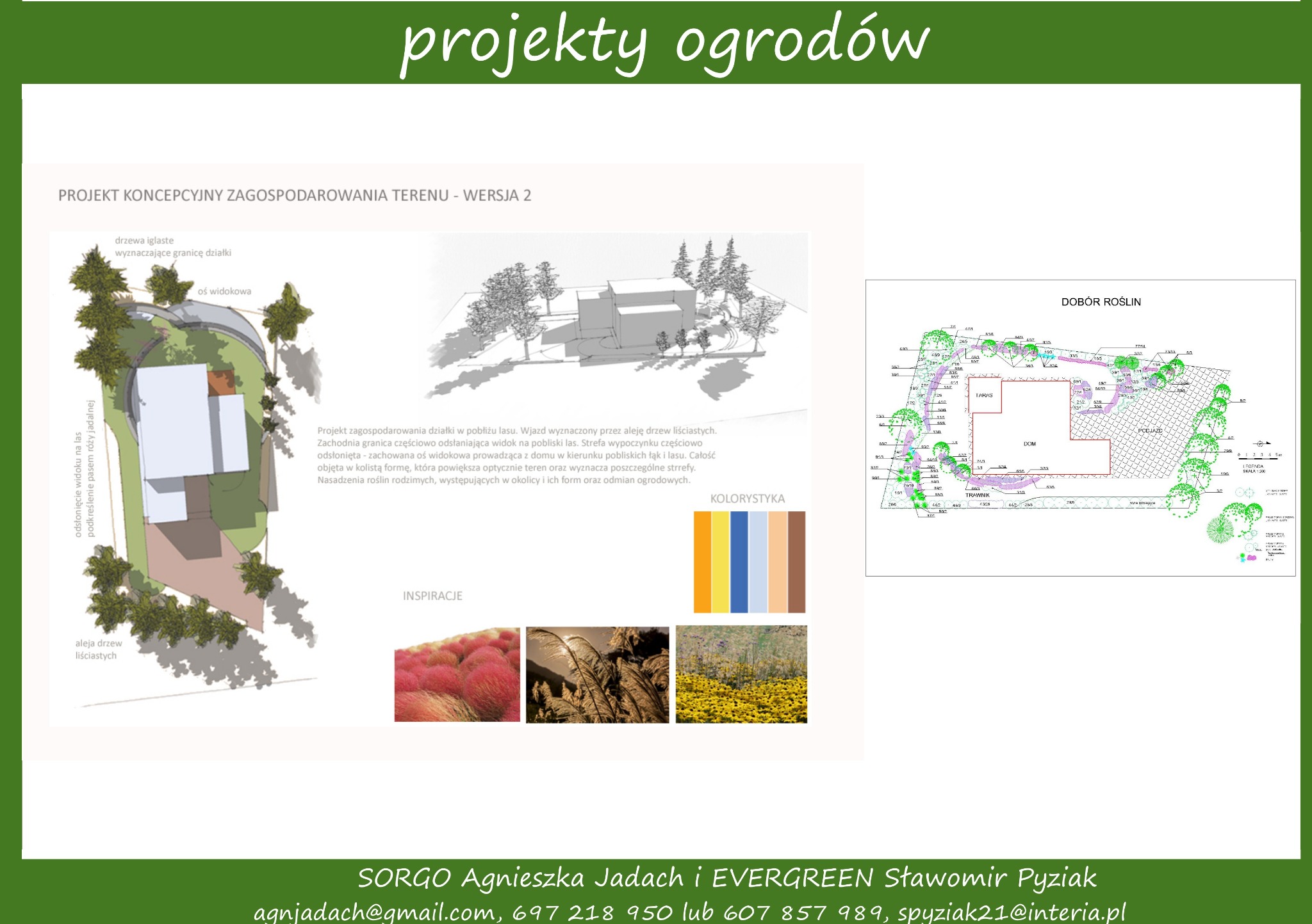 Koncepcja zagospodarowania terenu: wizualizacja 3D domu z ogrodem, plan nasadzeń z doborem roślin i paleta kolorystyczna.