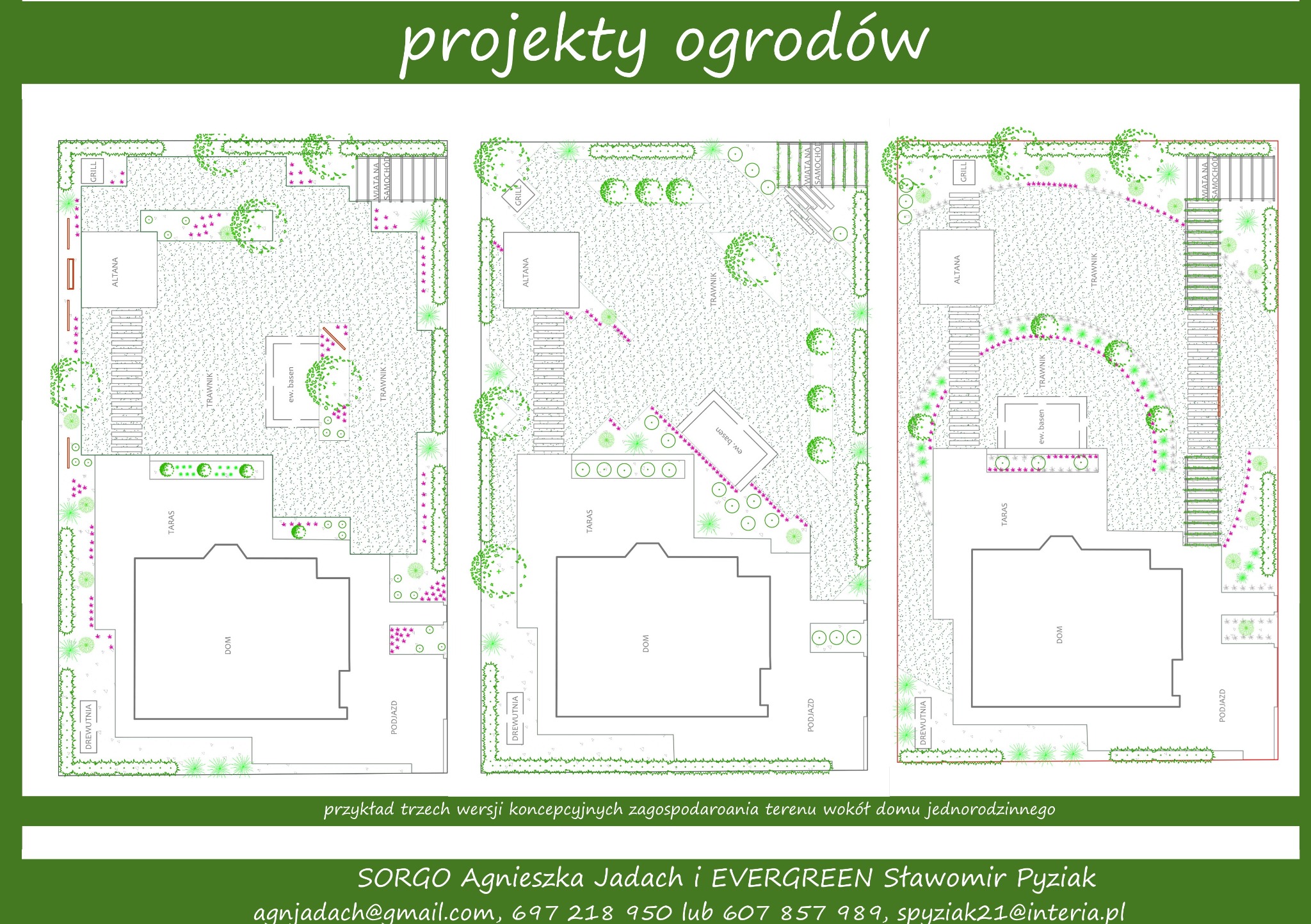 Trzy wersje koncepcyjne zagospodarowania terenu wokół domu jednorodzinnego, przedstawione w formie rysunku technicznego z oznaczeniami elementów takich jak altana, taras, trawnik, wiata samochodowa...