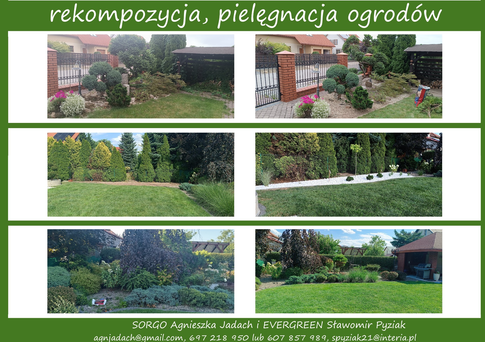 Kolaż zdjęć przedstawiających różne fragmenty zadbanego ogrodu z elementami dekoracyjnymi, takimi jak kamienie ozdobne i formowane krzewy, z widocznymi detalami architektury ogrodowej i bujną...