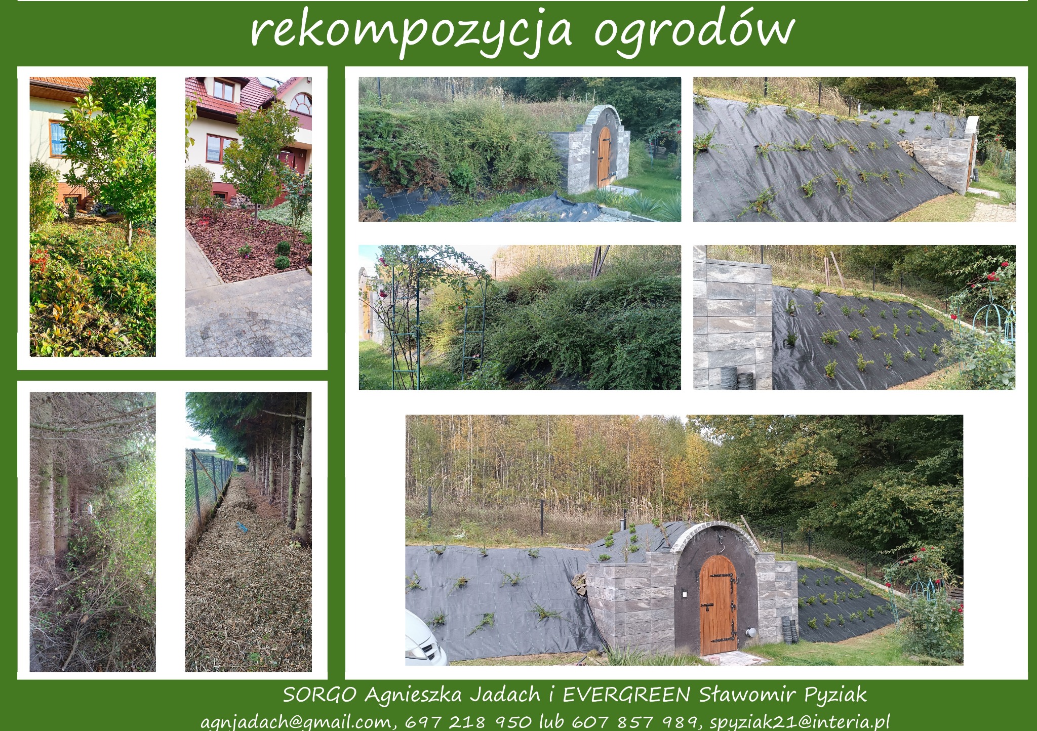 Kompozycja zdjęć przedstawiająca etapy rekultywacji ogrodu: przygotowanie terenu z użyciem agrowłókniny, nasadzenia roślin, nowa aranżacja rabat z korą i kamienną ścieżką, oraz widok na odnowioną...