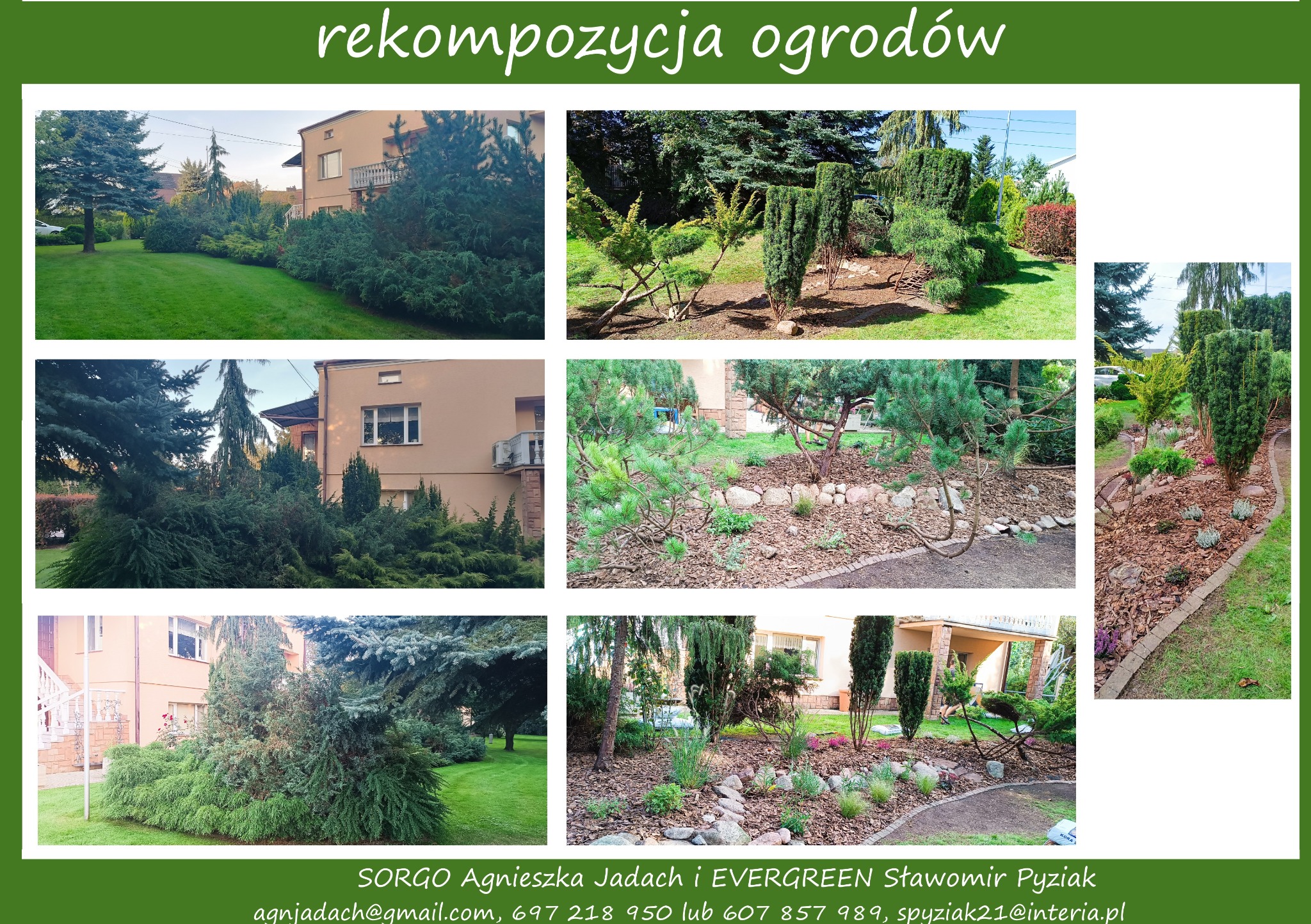 Kompozycja zdjęć przedstawiających różne etapy i aspekty zagospodarowania ogrodu: trawnik, formowane iglaki, rabaty z korą i kamieniami, widok ogólny z domem w tle.