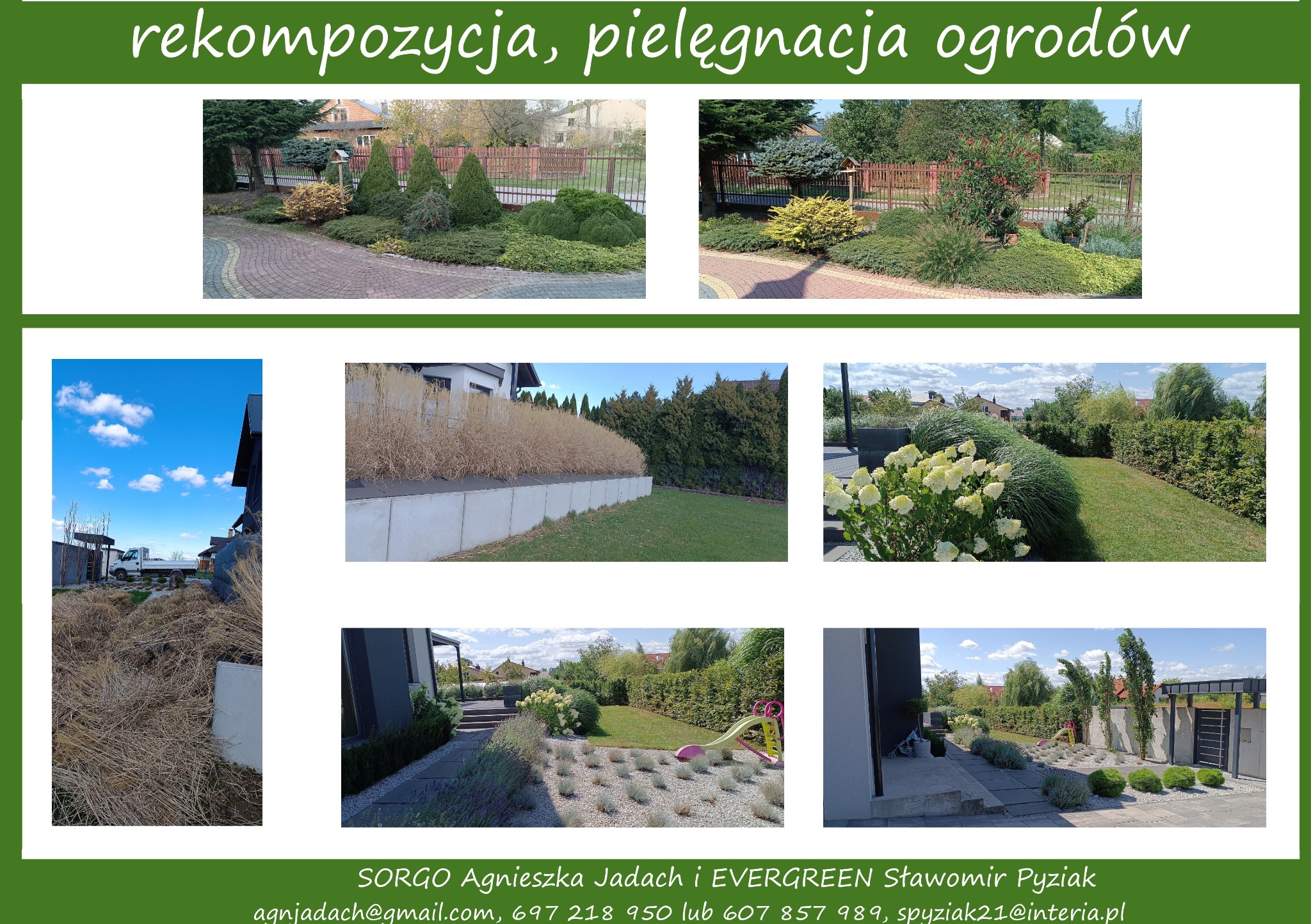 Zestawienie zdjęć z różnych ogrodów: formowane krzewy iglaste, ozdobne trawy przy betonowym murku, rabata z hortensjami i trawami ozdobnymi, oraz widok na trawnik z placem zabaw.