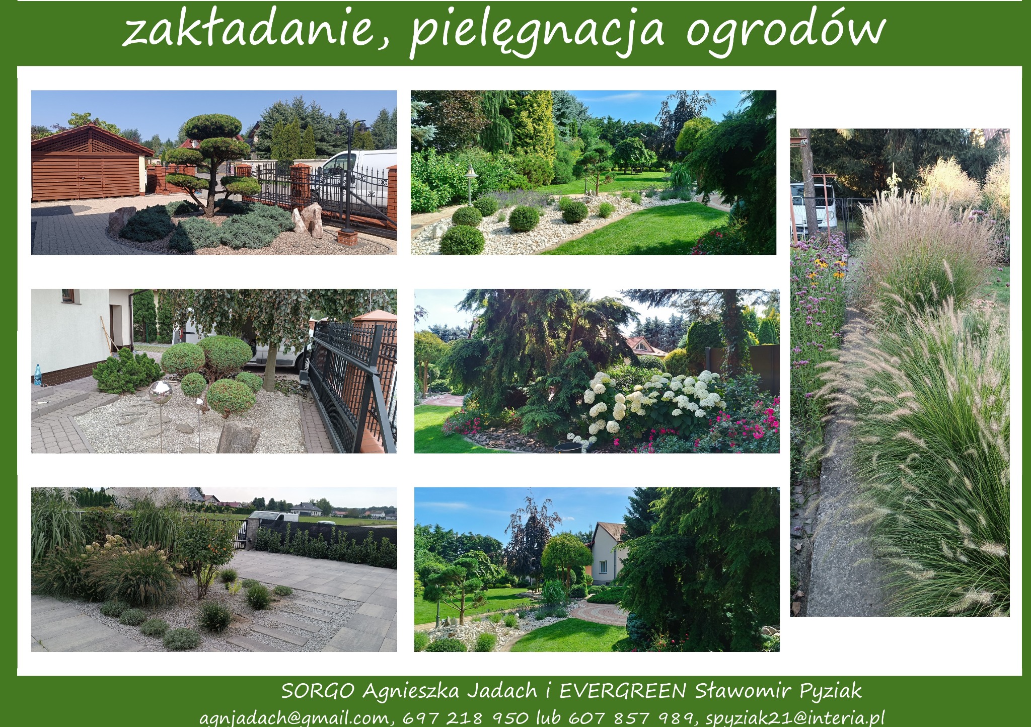 Kolaż zdjęć z realizacji różnorodnych aranżacji ogrodowych: formowane drzewa, rabaty z kamyków, trawy ozdobne, krzewy kwitnące, ścieżki z płyt i kamieni.