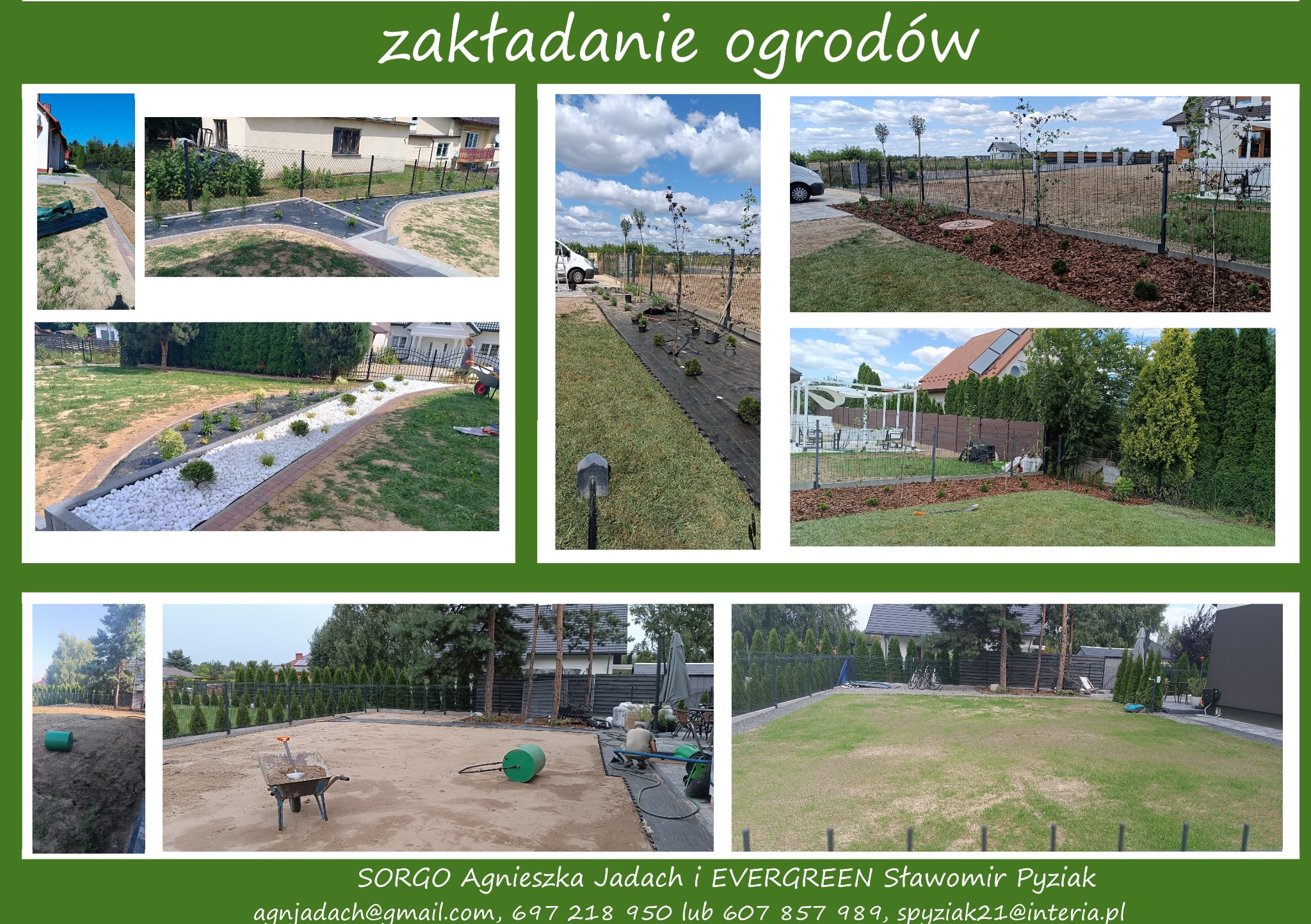 Kompozycja zdjęć z różnych etapów tworzenia ogrodu: przygotowanie terenu, sadzenie roślin, układanie trawnika z rolki, tworzenie rabat z białym kamieniem i obrzeżami.