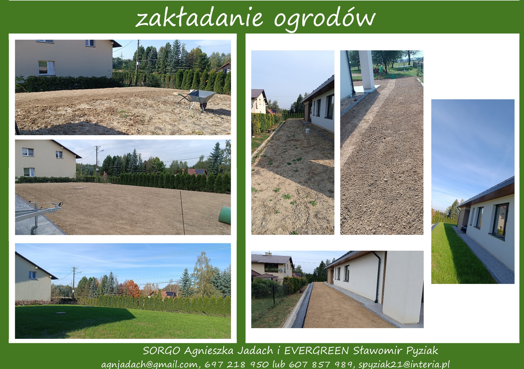 Kompozycja zdjęć przedstawiająca etapy tworzenia ogrodu: przygotowanie podłoża, rozkładanie trawy z rolki, wykończenie rabat żwirem, widok finalny z zielonym trawnikiem i roślinnością.