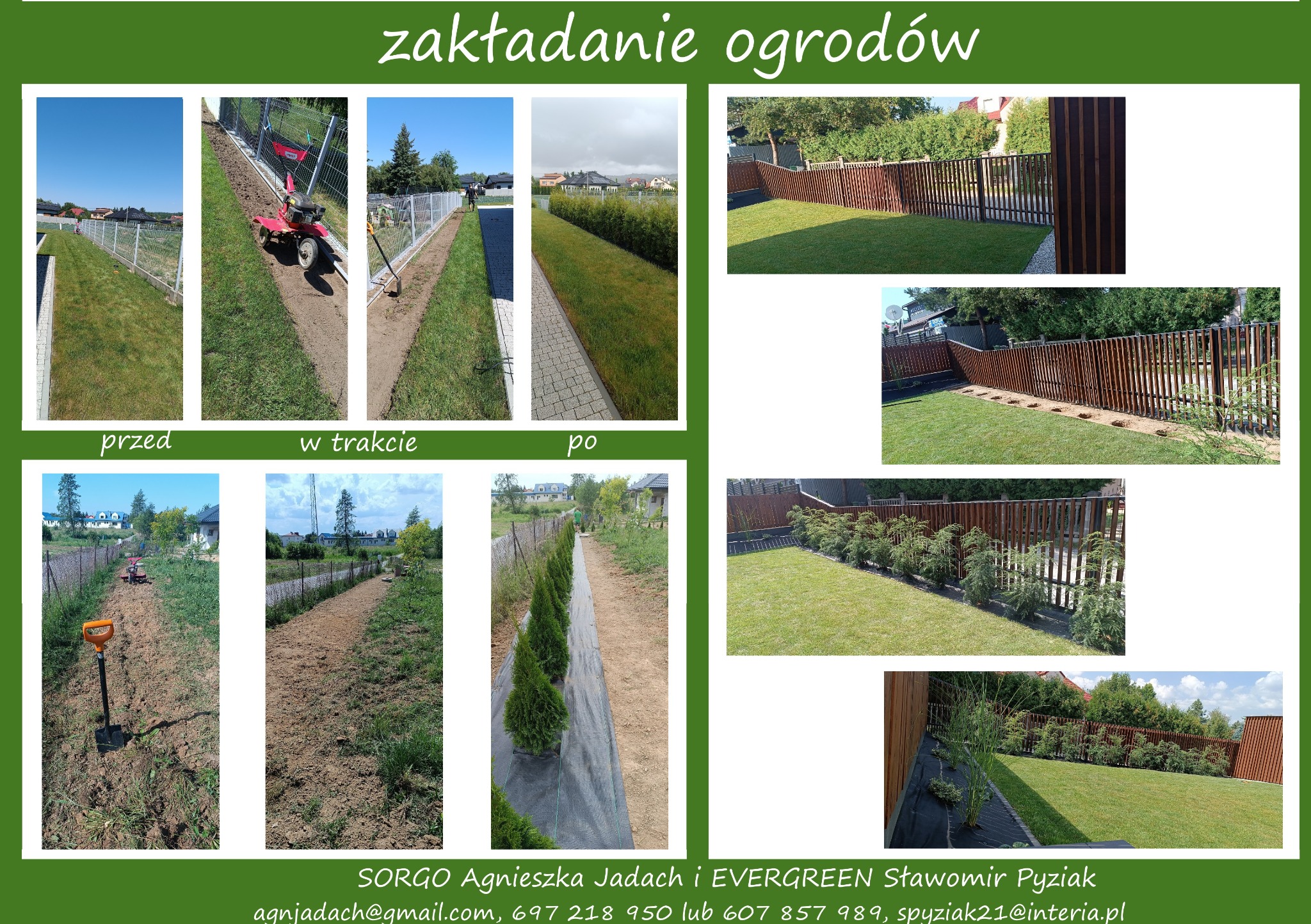 Montaż trawnika i nasadzenia w ogrodzie: widok przed, w trakcie i po realizacji, uwzględniający wyrównanie terenu, przygotowanie podłoża i gotowy trawnik z roślinami ozdobnymi wzdłuż drewnianego...