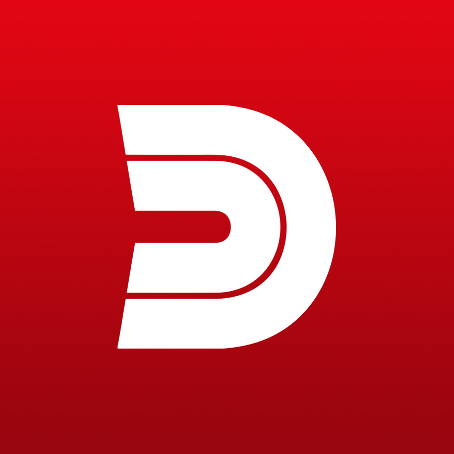 Białe logo w kształcie litery D na czerwonym tle.