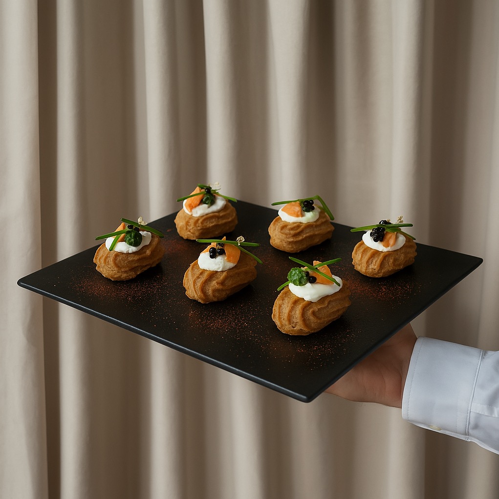 Sześć eleganckich kanapek na ciemnym talerzu, każda z kremowym serem, plasterkiem łososia, kawiorem i świeżym szczypiorkiem, prezentowane na tle beżowej zasłony.